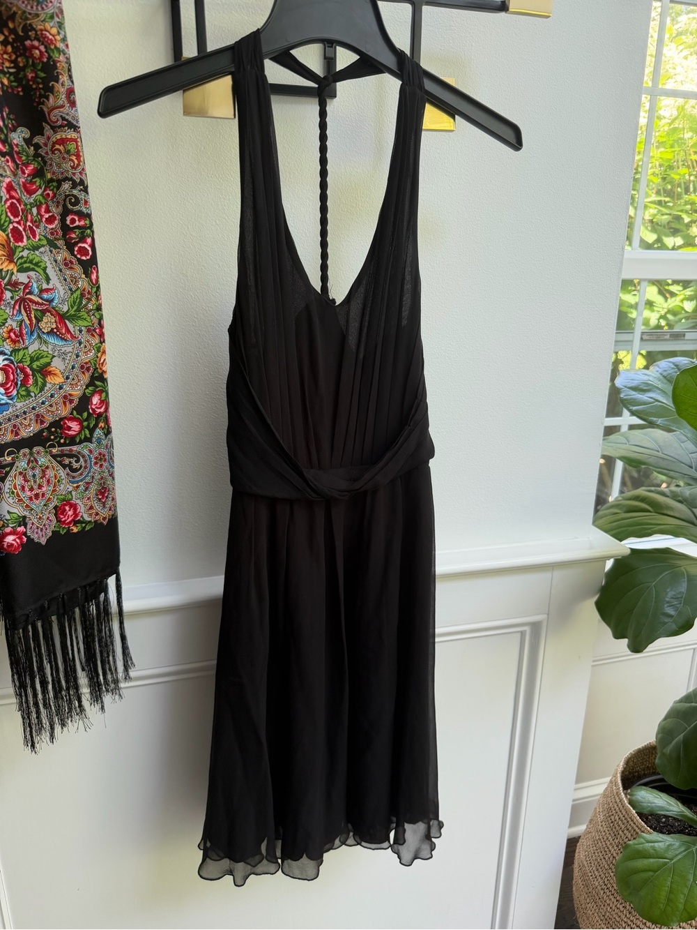 Traffic People 100% Silk Black Halter Cocktail Dress Braided Strap Size M